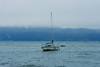 Sailboat sailing on sea against sky