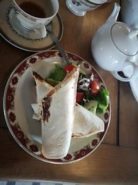 High angle view of breakfast served on table