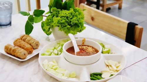 High angle view of meal served on table