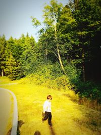 Man on field by trees in forest