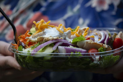 Grilled chicken salad with cucumbers, carrots, purple onion, cherry tomatoes, and cheddar cheese