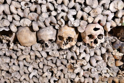 Full frame shot of human bones in catacombs