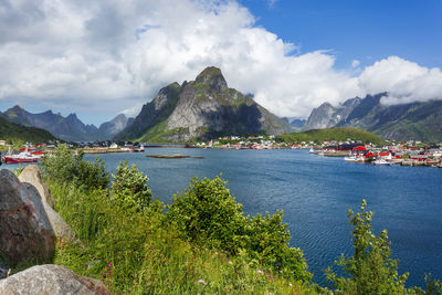 Scandinavian landscape with mountains and fjords. panorama view of reine village on lofoten, norway.