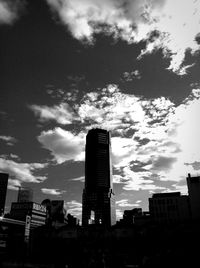 Low angle view of modern building against cloudy sky