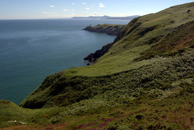 Scenic view of sea by cliff against sky