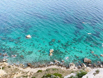 High angle view of rocks on beach