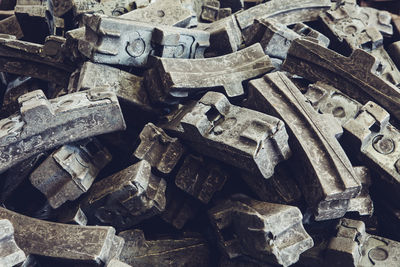 Full frame shot of old rubbers at junkyard