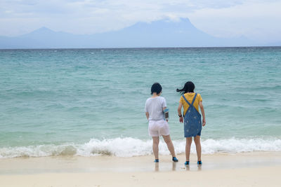 Rear view of men standing on beach against sky