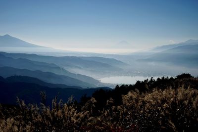 Scenic view of mountains against sky in japan