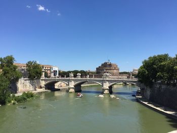 Bridge over river with buildings in background