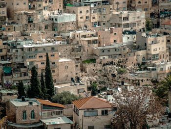 High angle view of residential buildings in city