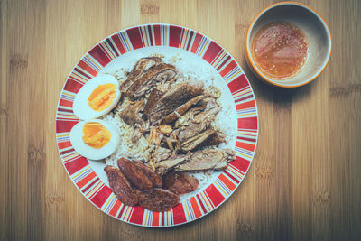High angle view of breakfast served on table