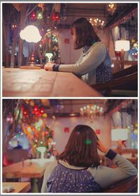 Rear view of woman at night