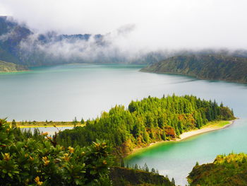 Scenic view of lake and trees against sky