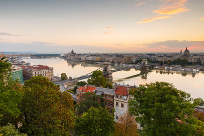 View of the chain bridge, parliament and st. stephen's basilica.