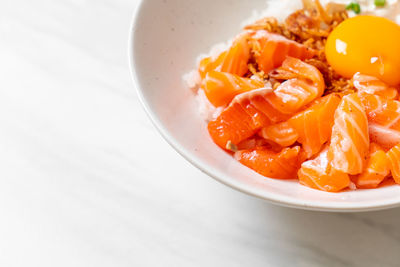 High angle view of noodles in bowl on table