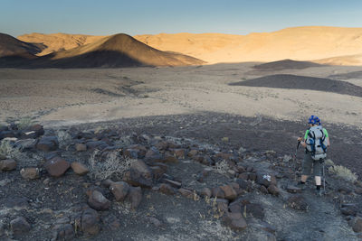Rear view of men on rock in desert against sky