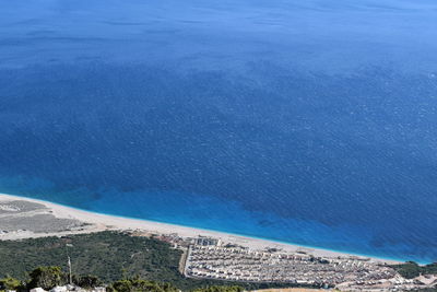 High angle view of beach against blue sky