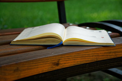 High angle view of book on table