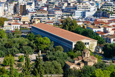 High angle view of buildings in city