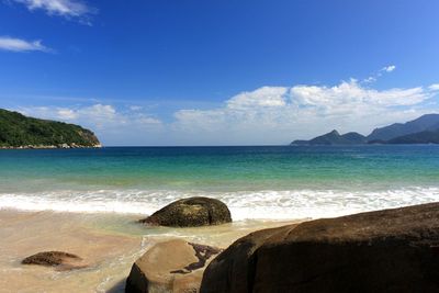 Scenic view of sea against blue sky