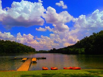 Scenic view of lake against cloudy sky