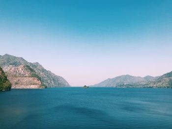 Scenic view of sea against clear blue sky