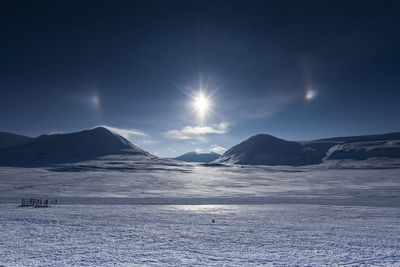 Scenic view of snowcapped mountains against sky during winter