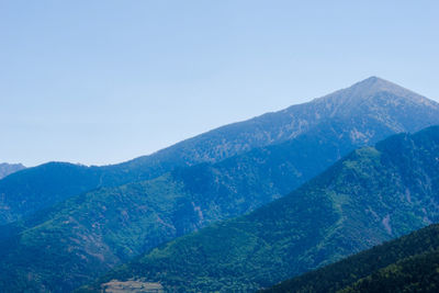 Scenic view of mountains against clear blue sky