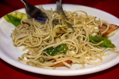 Close-up of noodles served in bowl