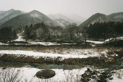 Scenic view of mountains against sky during winter