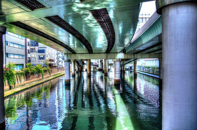 Reflection of bridge on water in city