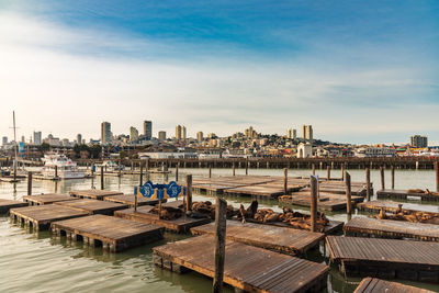 Boats moored at harbor