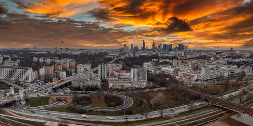 Panoramic aerial view of the modern skyscrapers and business center in warsaw.