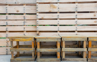 Front view of old, vintage and grunge wooden wall including chairs with beautiful surface texture 