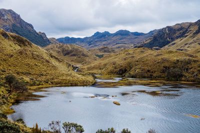 Scenic view of lake and mountains against sky