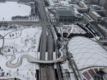 High angle view of snow covered city