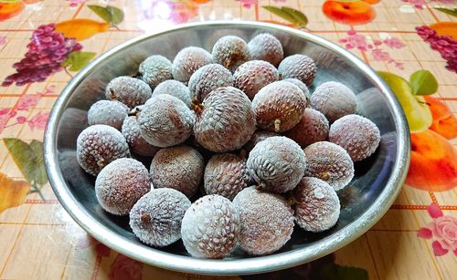 High angle view of cake in plate on table