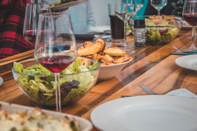 Close-up of food served on table