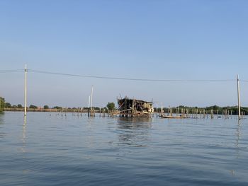 Scenic view of lake against clear blue sky