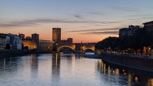 Bridge over river by buildings against sky during sunset