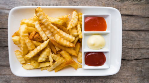 High angle view of food served on table