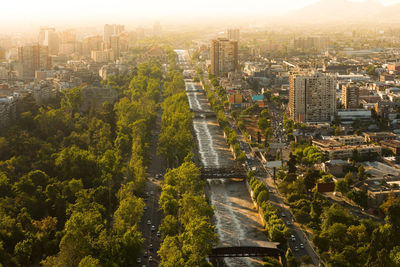 Mapocho river and forestal park  with the neighborhoods of patronato and bellavista, santiago, chile