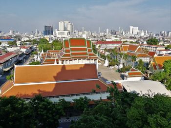 High angle view of buildings against sky