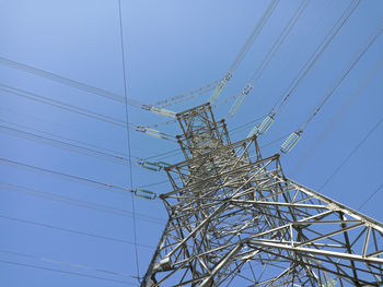 Low angle view of electricity pylon against clear sky