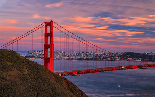 Suspension bridge over river against sky during sunset