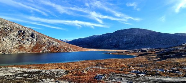 Scenic view of lake and mountains against sky