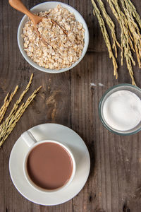 High angle view of breakfast served on table