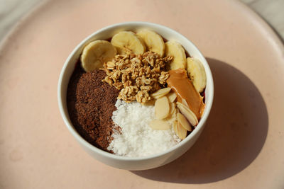 High angle view of breakfast served on table