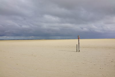 Wooden posts on beach against sky